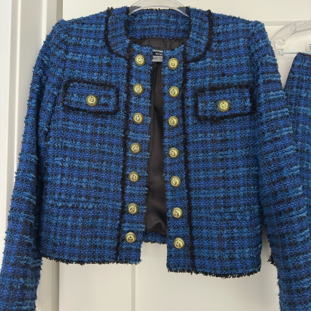 Revolve Generation Love Blue and Gold Tweed Blazer and skirt